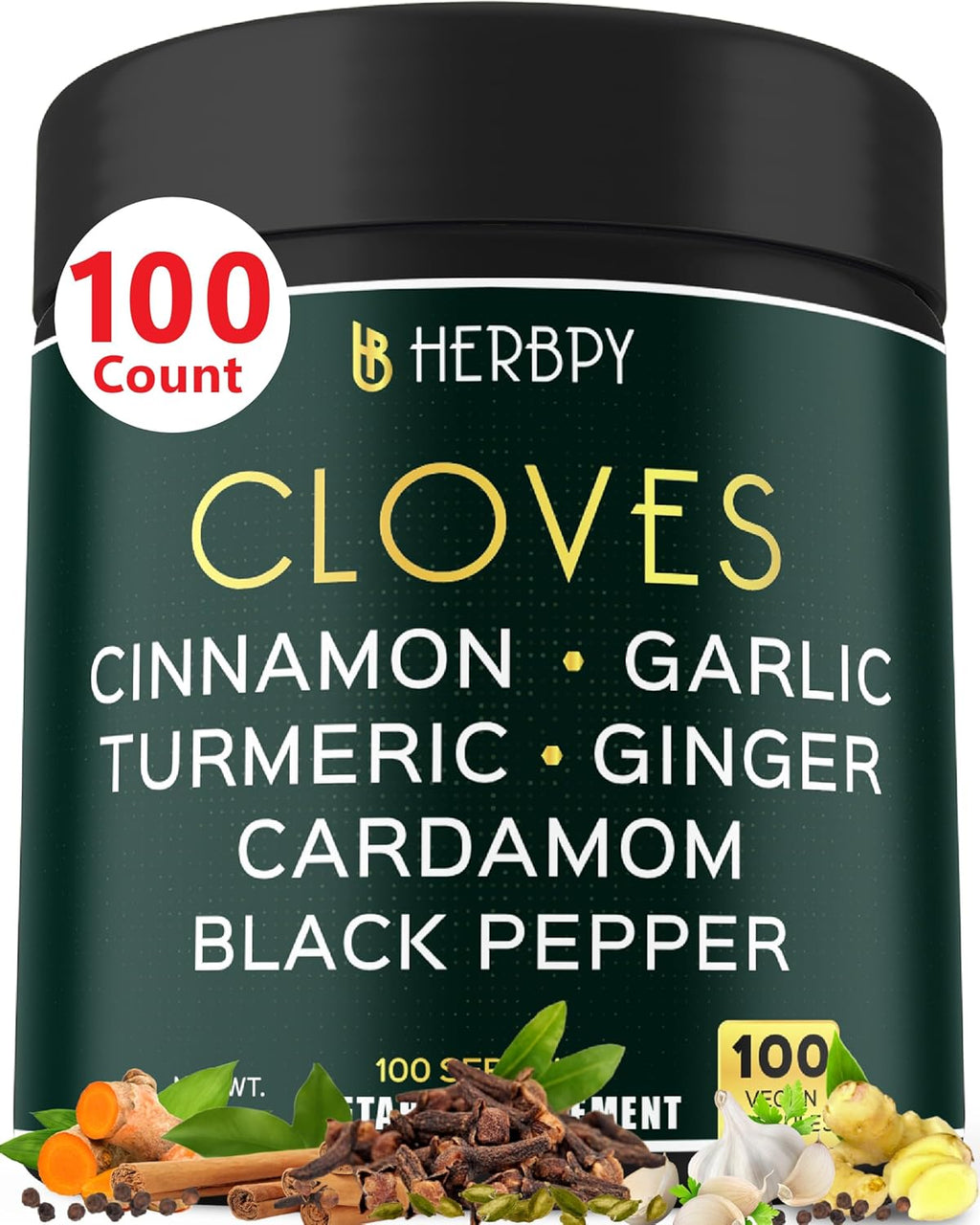 Herbpy - 7in1 Clove Supplement Rich in Vitamins & Minerals Supports Digestion, Immune & Heart Health with Cinnamon, Turmeric, Ginger, Cardamom, Garlic & Black Pepper - 100 Vegan Capsules