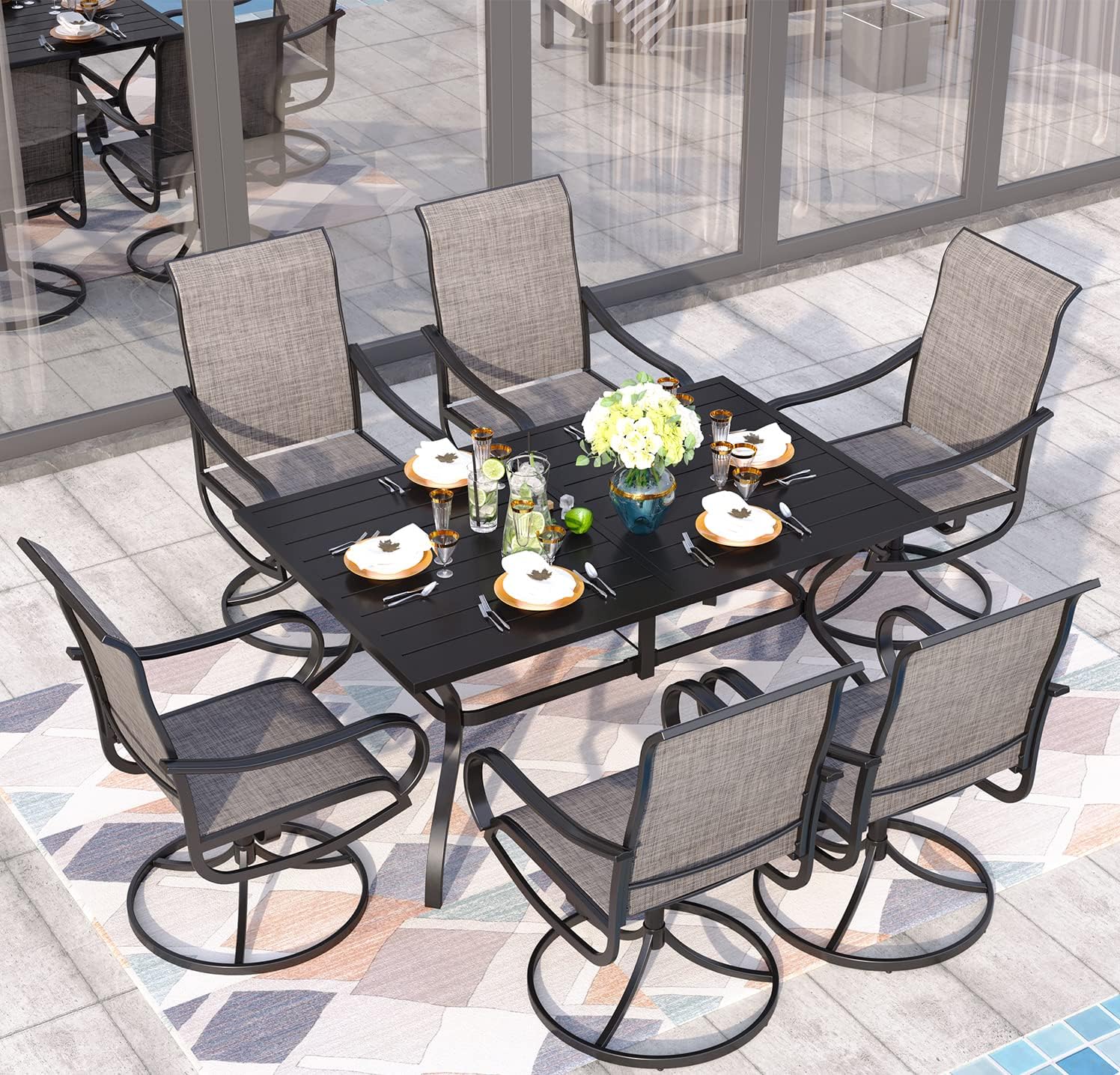 Sophia & William Outdoor Dining Set Patio Dining Set for 6 Outdoor Table and Chairs 7 Pieces Outdoor Patio Set with Swivel Patio Chairs 60"x 38" Metal Table for Garden Pool All Weather Brown
