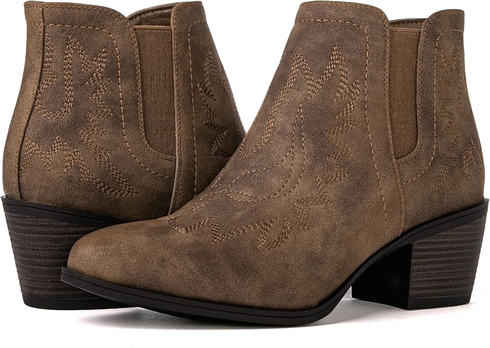 GLOBALWIN Women's Cowgirl boots Western Short Ankle Pull On Low Heel (Camel Brown)