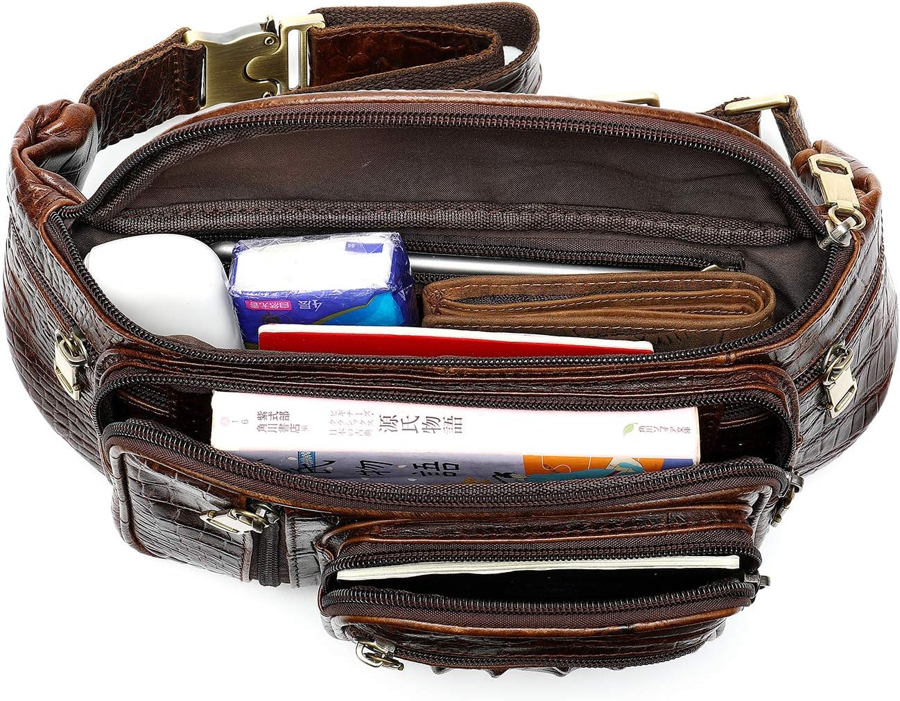 NIUCUNZH - Genuine Leather Fanny Pack large capacity Cross-body Waist Bag (crocodile coffee)