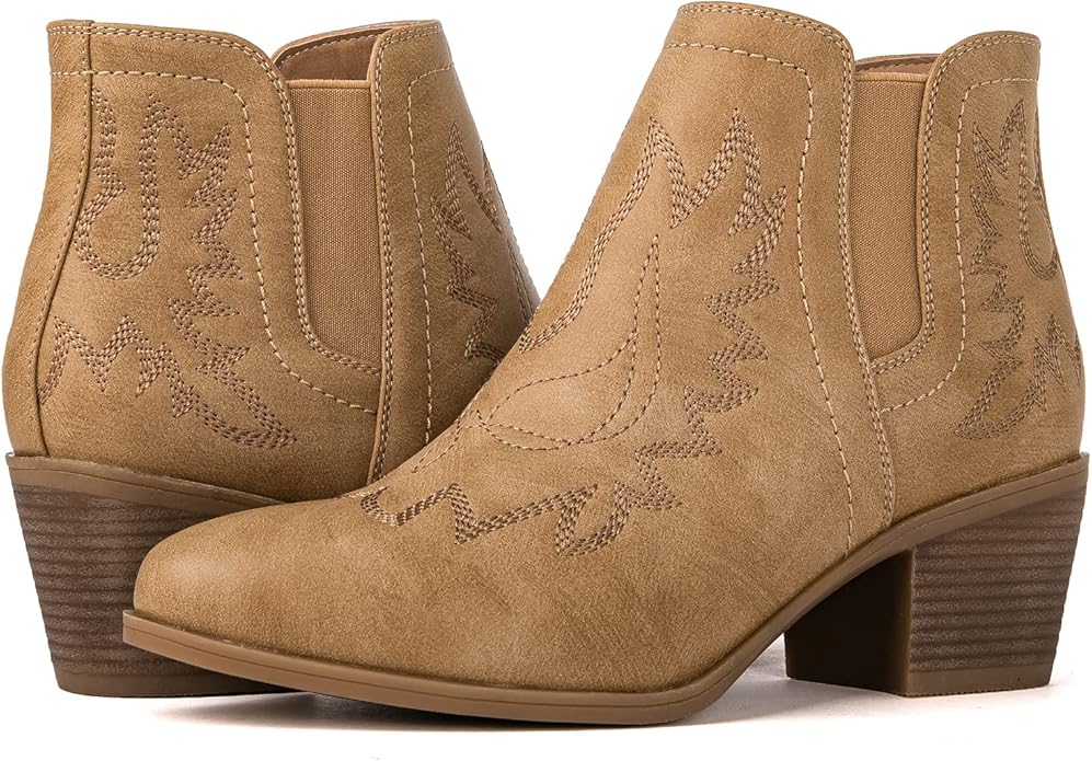 GLOBALWIN Women's Cowgirl boots Western Short Ankle Pull On Comfortable (Khaki)