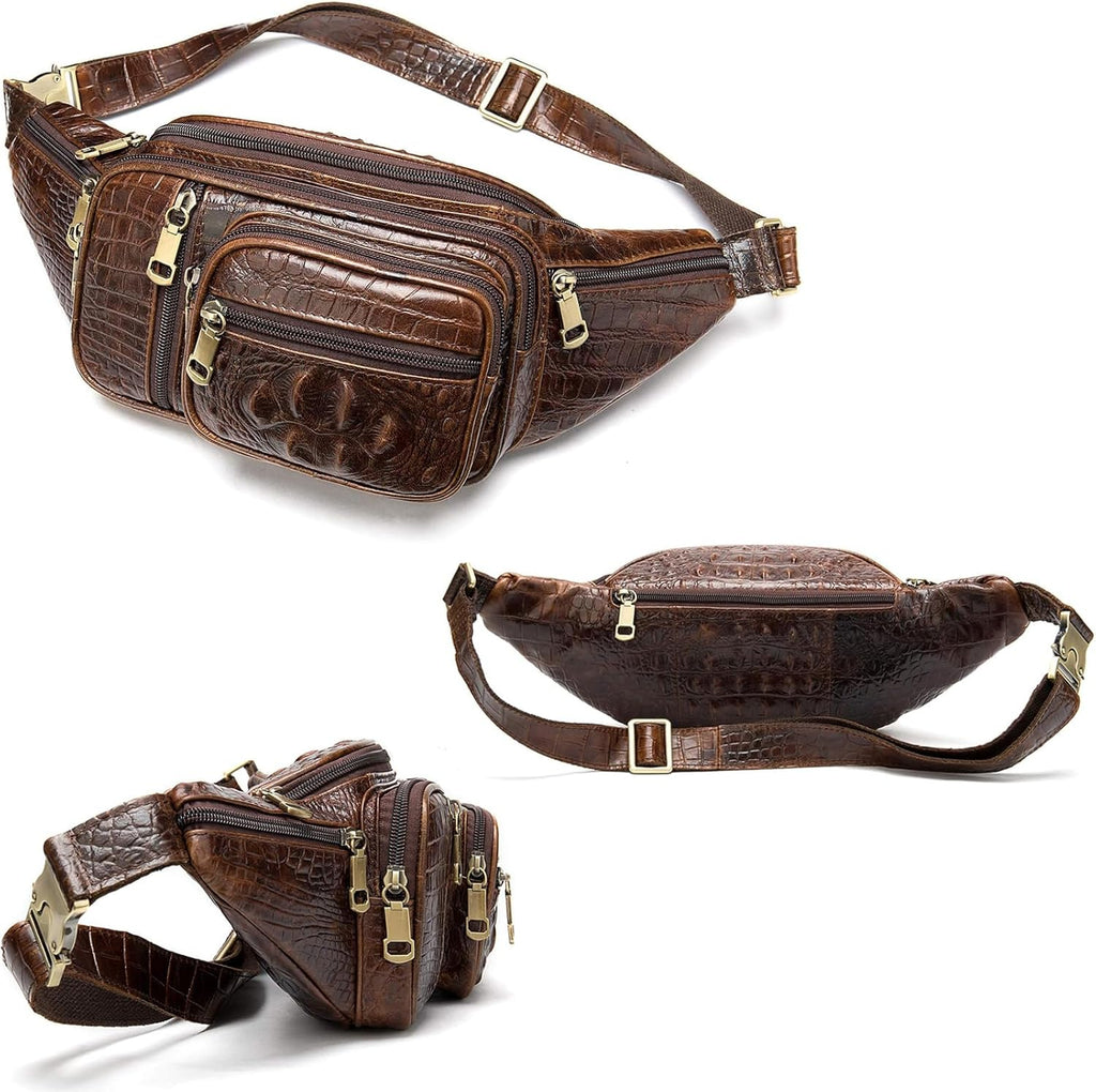 NIUCUNZH - Genuine Leather Fanny Pack large capacity Cross-body Waist Bag (crocodile coffee)