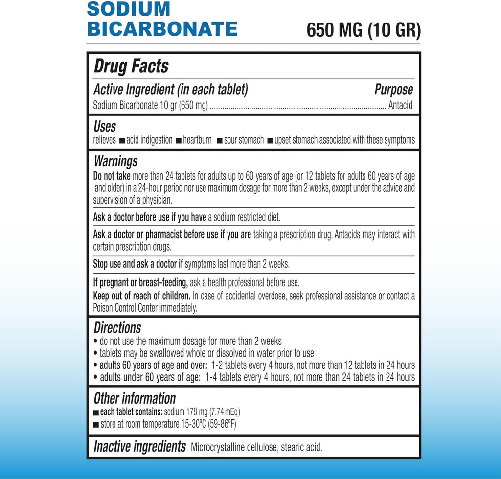 Puregen Labs - Sodium Bicarbonate Tablets 650mg (10 Grains) - 200 Count | USP Grade Baking Soda Supplement, Natural Relief of Acid Indigestion, Heartburn, Sour Stomach & Upset Stomach