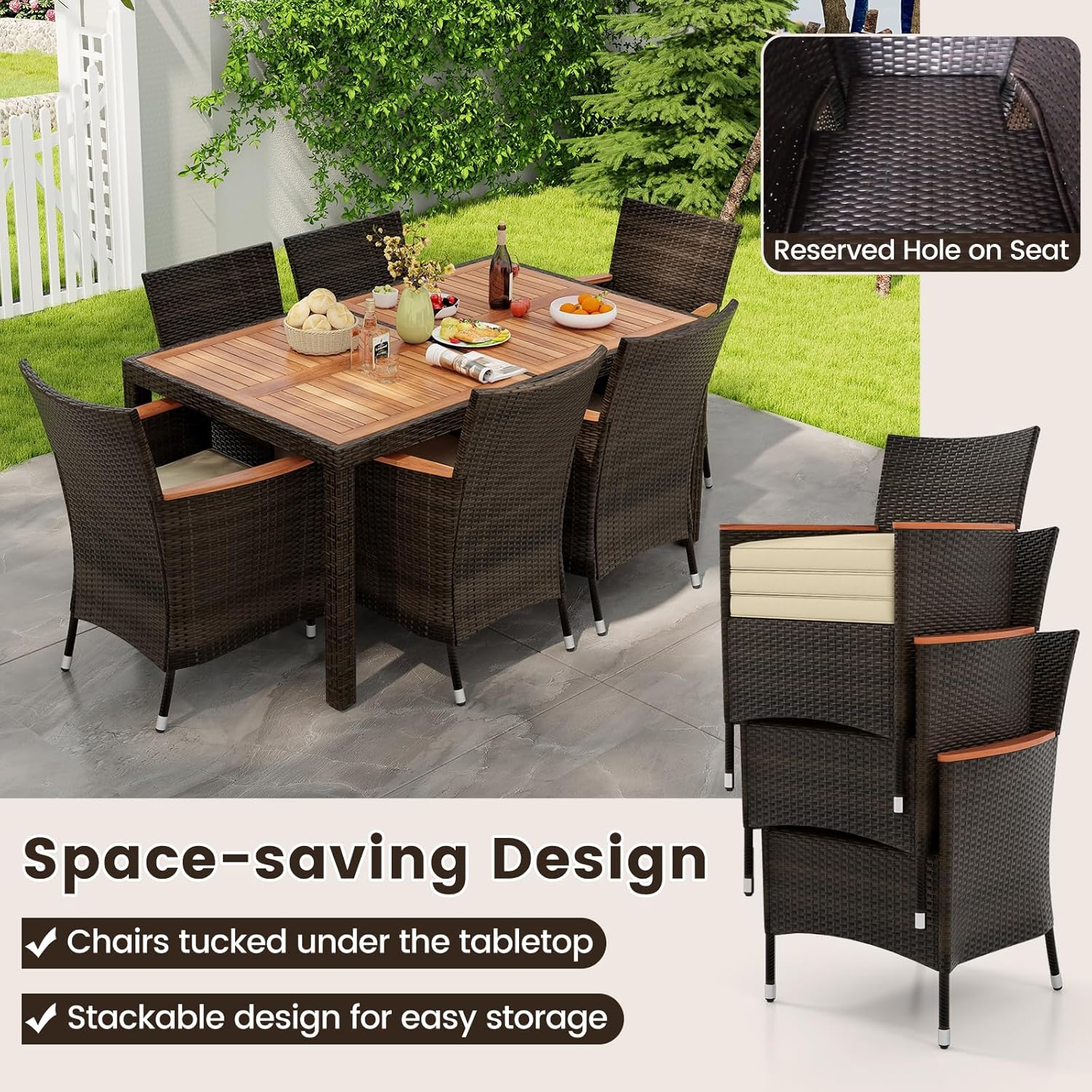 KOTEK 7 Piece Outdoor Dining Set, Wicker Patio Dining Set for 6 with Stackable Chairs & Acacia Wood Table