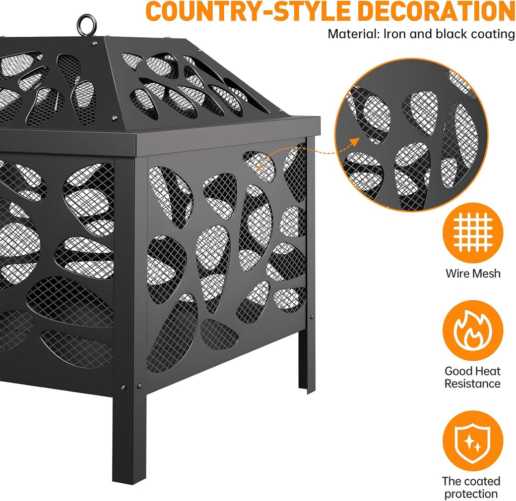 Outdoor Wood Burning Fire Pit, with Anti-Spark Mesh Guard, Small Bonfire Pit