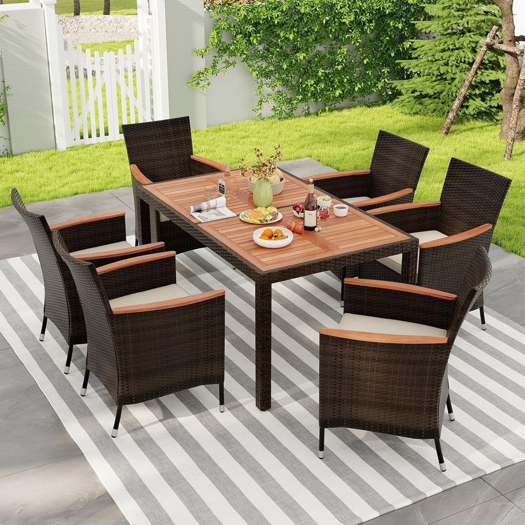 KOTEK 7 Piece Outdoor Dining Set, Wicker Patio Dining Set for 6 with Stackable Chairs & Acacia Wood Table