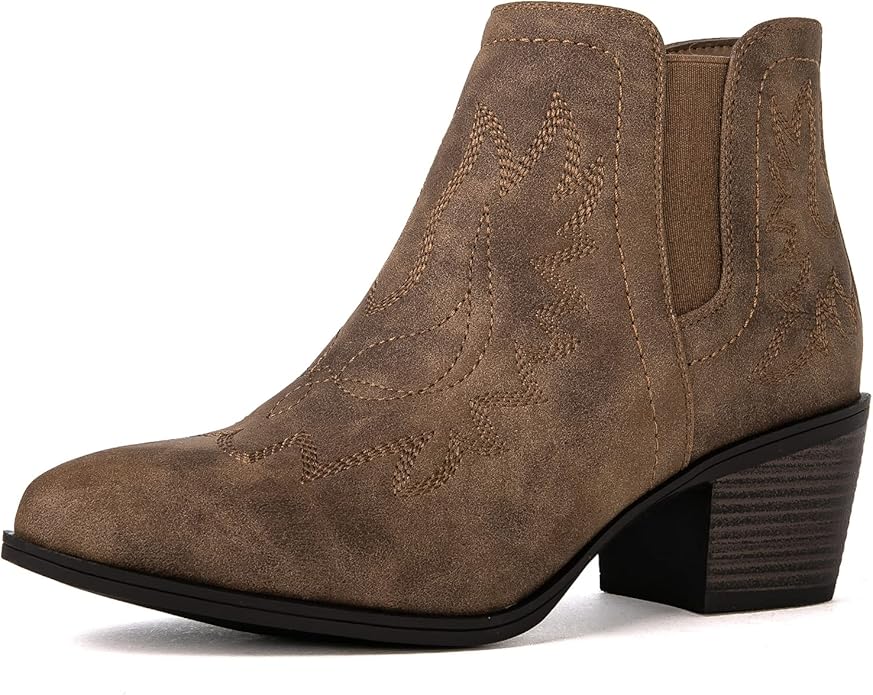 GLOBALWIN Women's Cowgirl boots Western Short Ankle Pull On Low Heel (Camel Brown)