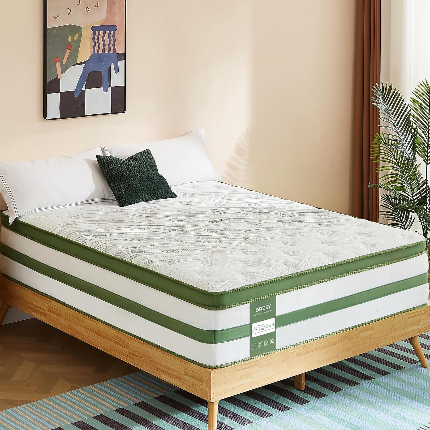 GRBSY - Queen Mattress, 14 Inch Queen Hybrid Mattress in a Box, 7-Zone Cooling Gel Memory Foam & Pocket Springs for Back Pain Relief