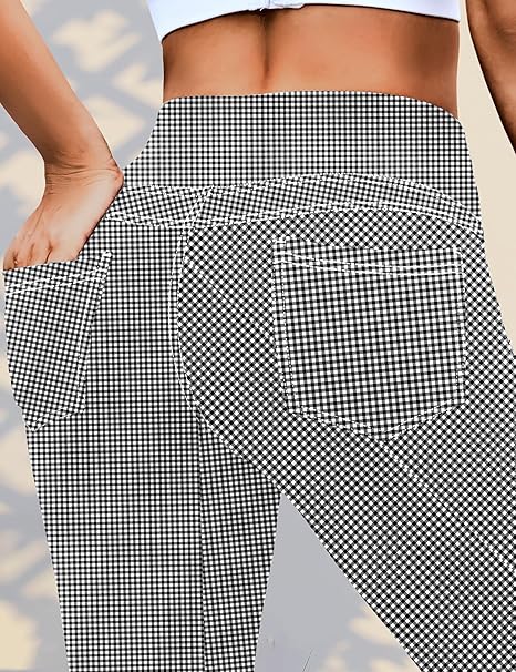 VOOVEEYA Curvy Women's Leggings, High Waisted Yoga Pants with Back Pockets (Plaid)