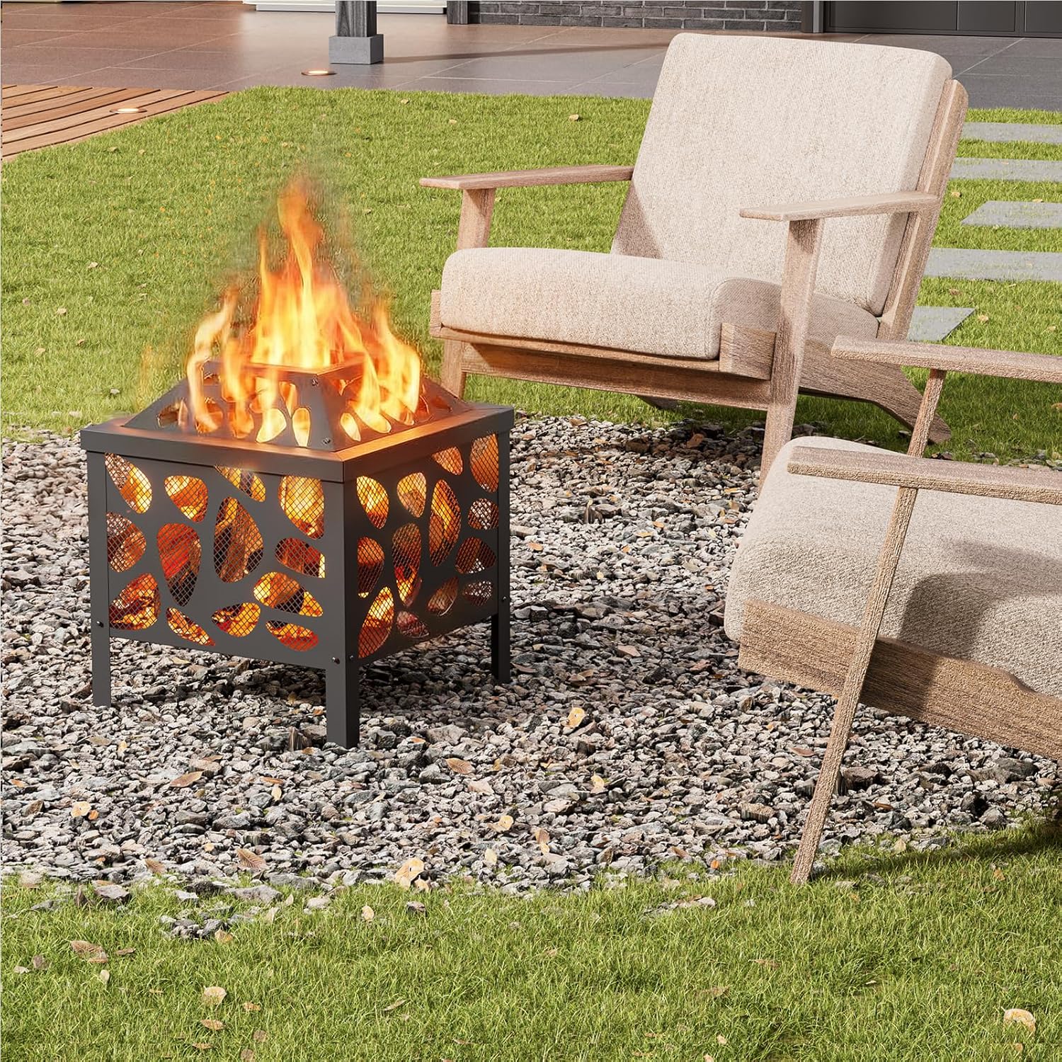 Outdoor Wood Burning Fire Pit, with Anti-Spark Mesh Guard, Small Bonfire Pit