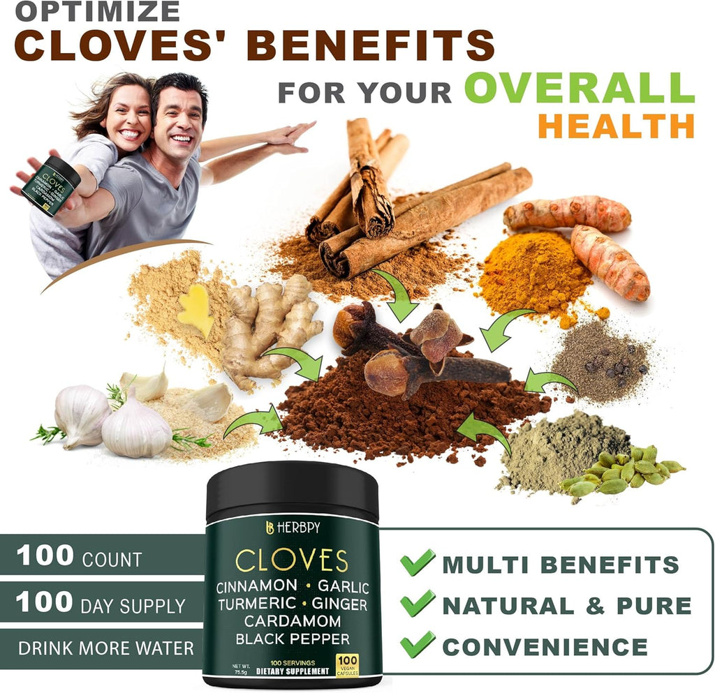 Herbpy - 7in1 Clove Supplement Rich in Vitamins & Minerals Supports Digestion, Immune & Heart Health with Cinnamon, Turmeric, Ginger, Cardamom, Garlic & Black Pepper - 100 Vegan Capsules