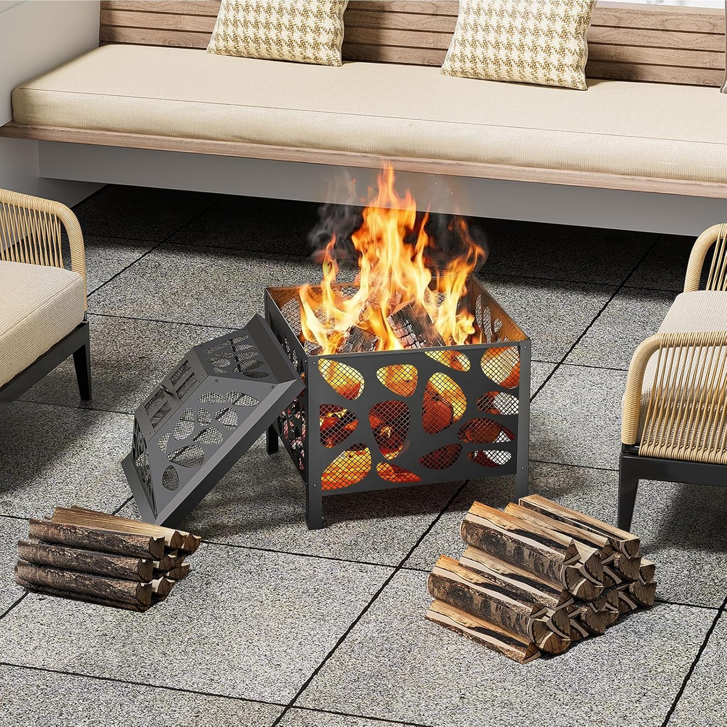 Outdoor Wood Burning Fire Pit, with Anti-Spark Mesh Guard, Small Bonfire Pit