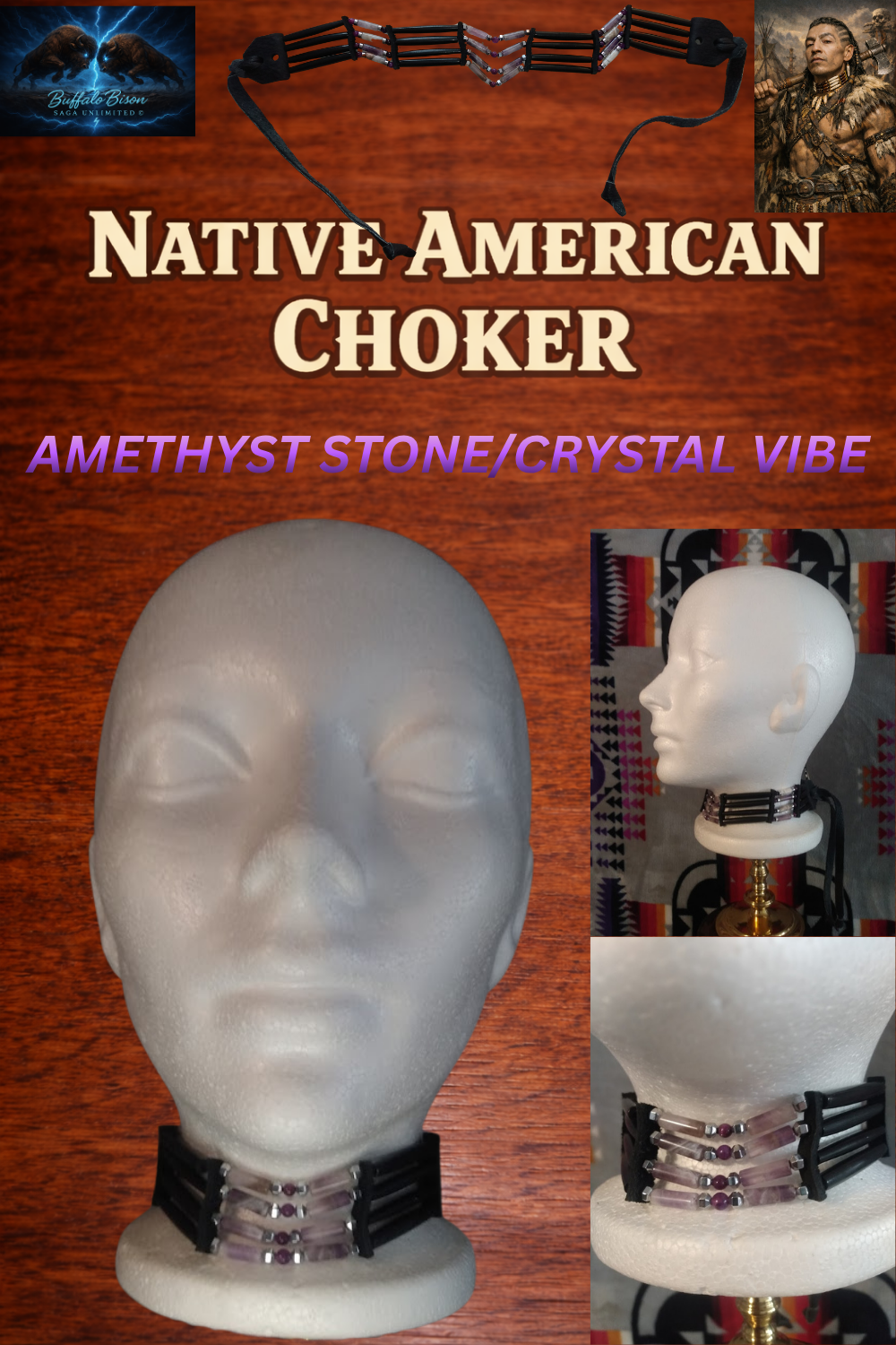 Native American Hand-Crafted Choker (Amethyst Crystal) Buffalo Hair Pipe Bone
