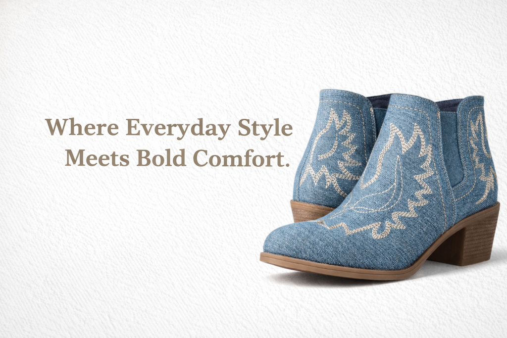 GLOBALWIN Women's Cowgirl boots Western Short Ankle Pull On (Denim)