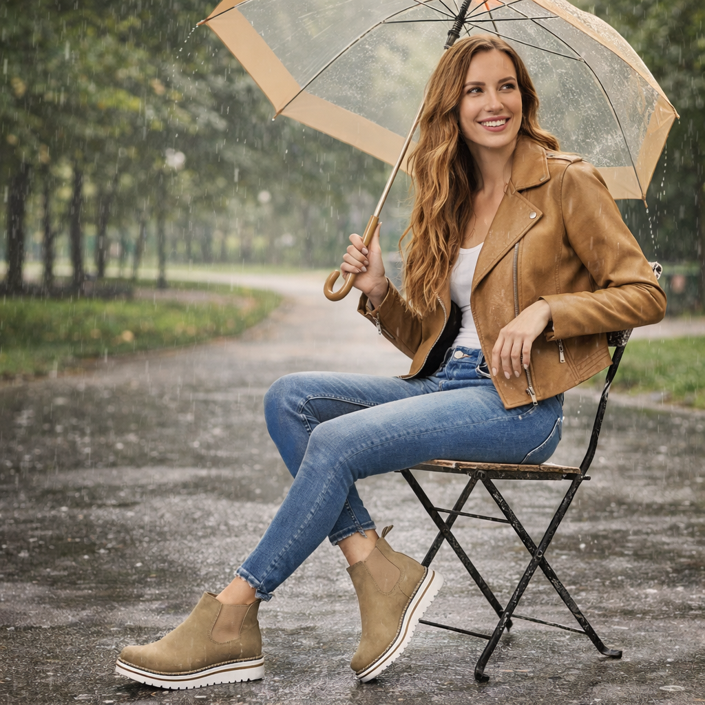 JABASIC Womens Chelsea Elastic Ankle Boots Waterproof Flat Boots(Tan)