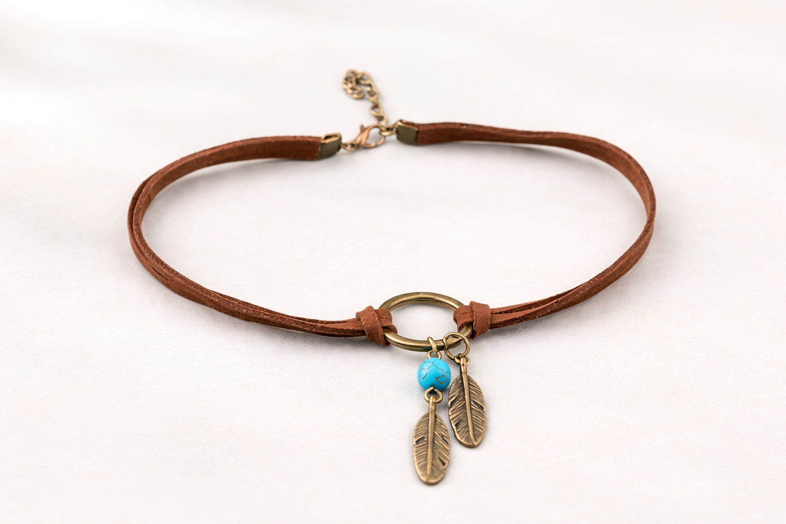 Native American Bohemian Feather Charm Handmade Pu Leather Choker Necklace BrownDurability