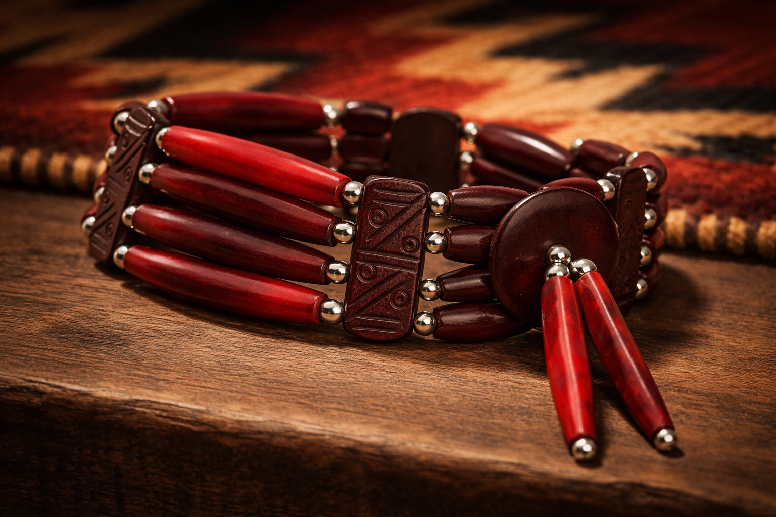 outROAR Gear American Indian Style Bone Choker Necklace, 4 Row Burgundy Red Traditional Hairpipe Beads, Unisex Adjustable