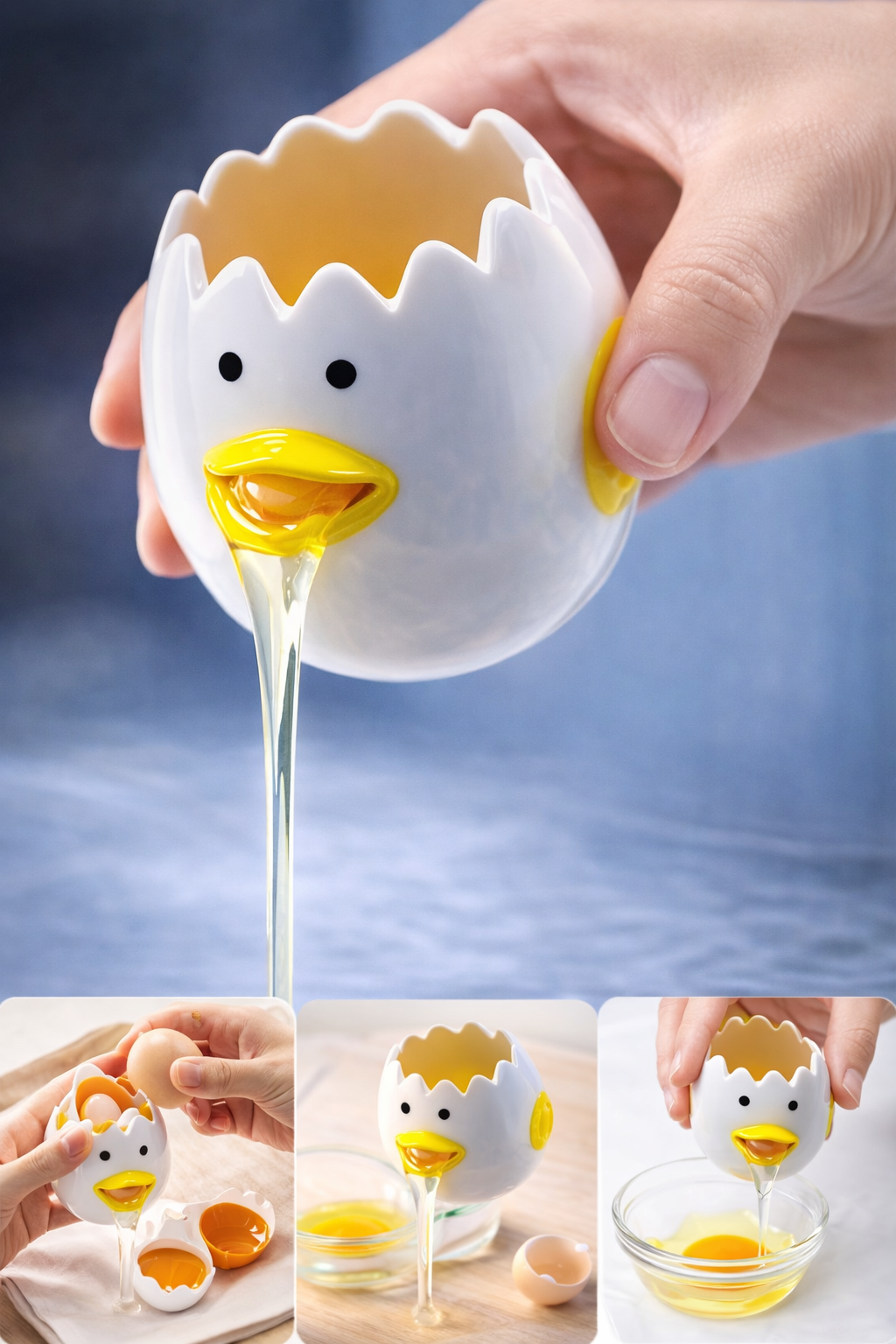 LuoCoCo Cute Egg Separator, Ceramics Vomiting Chicken Egg Yolk White Separator, Practical Household Small Egg Filter Splitter, Kitchen Gadget Baking Assistant Tool, Dishwasher Safe (Yellow)