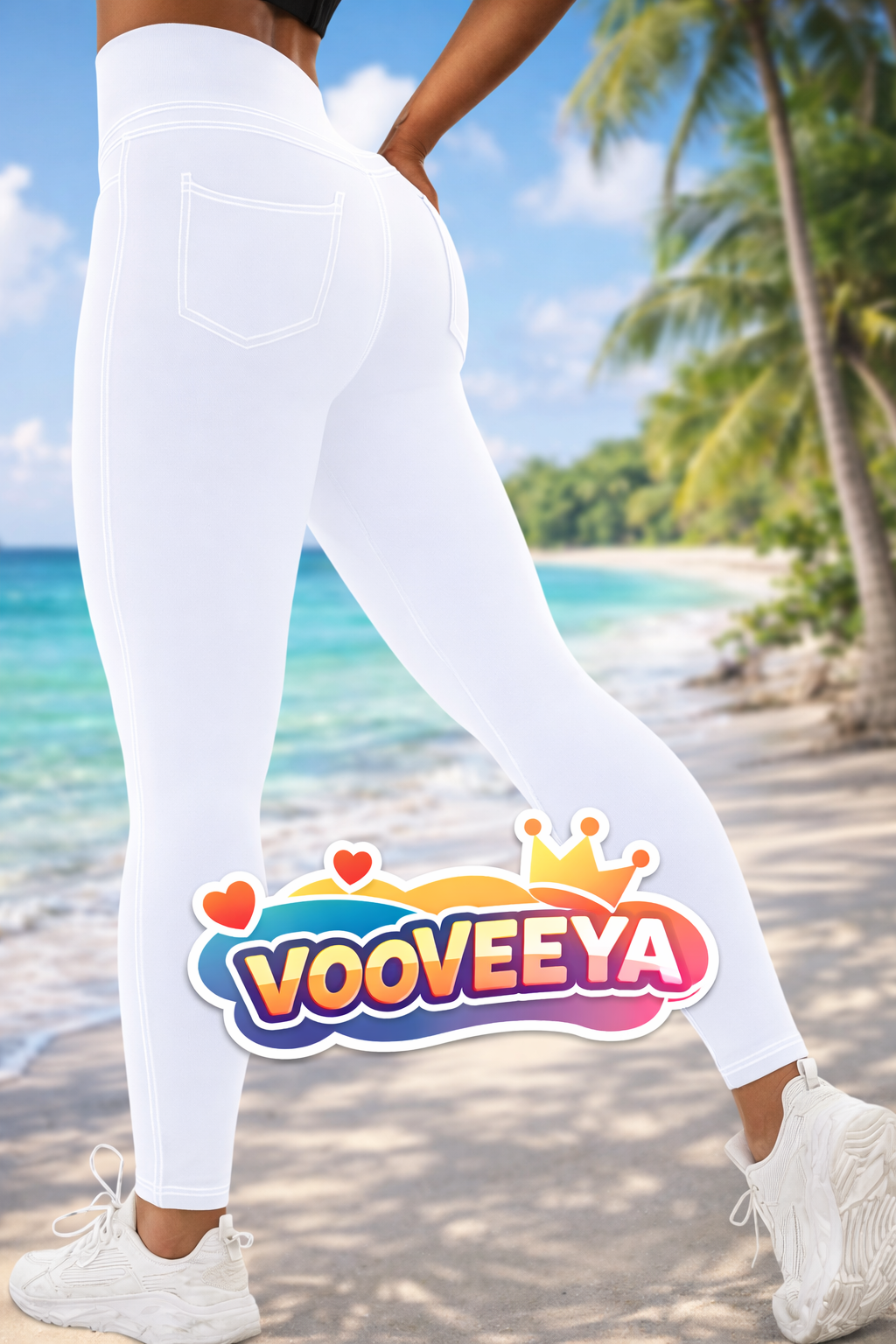 VOOVEEYA Curvy Womens Leggings, High Waisted Yoga Pants with Back Pockets (White)