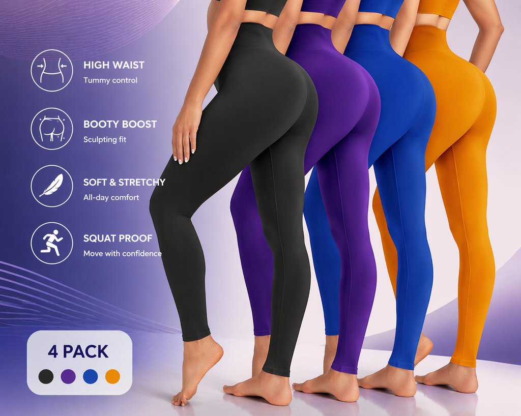 VALANDY - Creamlush 4 Pack Leggings for Women - Black/Violet/Sapphire/Turmeric