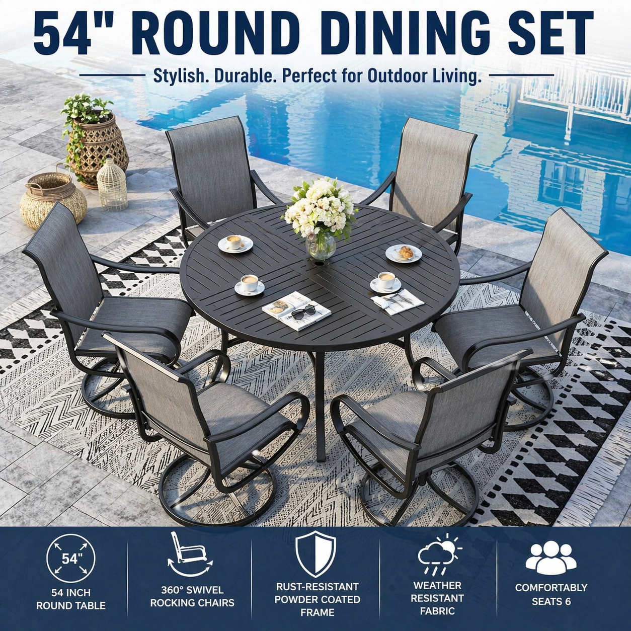 Sophia & William Outdoor Dining Set Patio Dining Set for 6 Outdoor Table and Chairs 7 Pieces Outdoor Patio Set with Swivel Patio Chairs 60"x 38" Metal Table for Garden Pool All Weather Brown