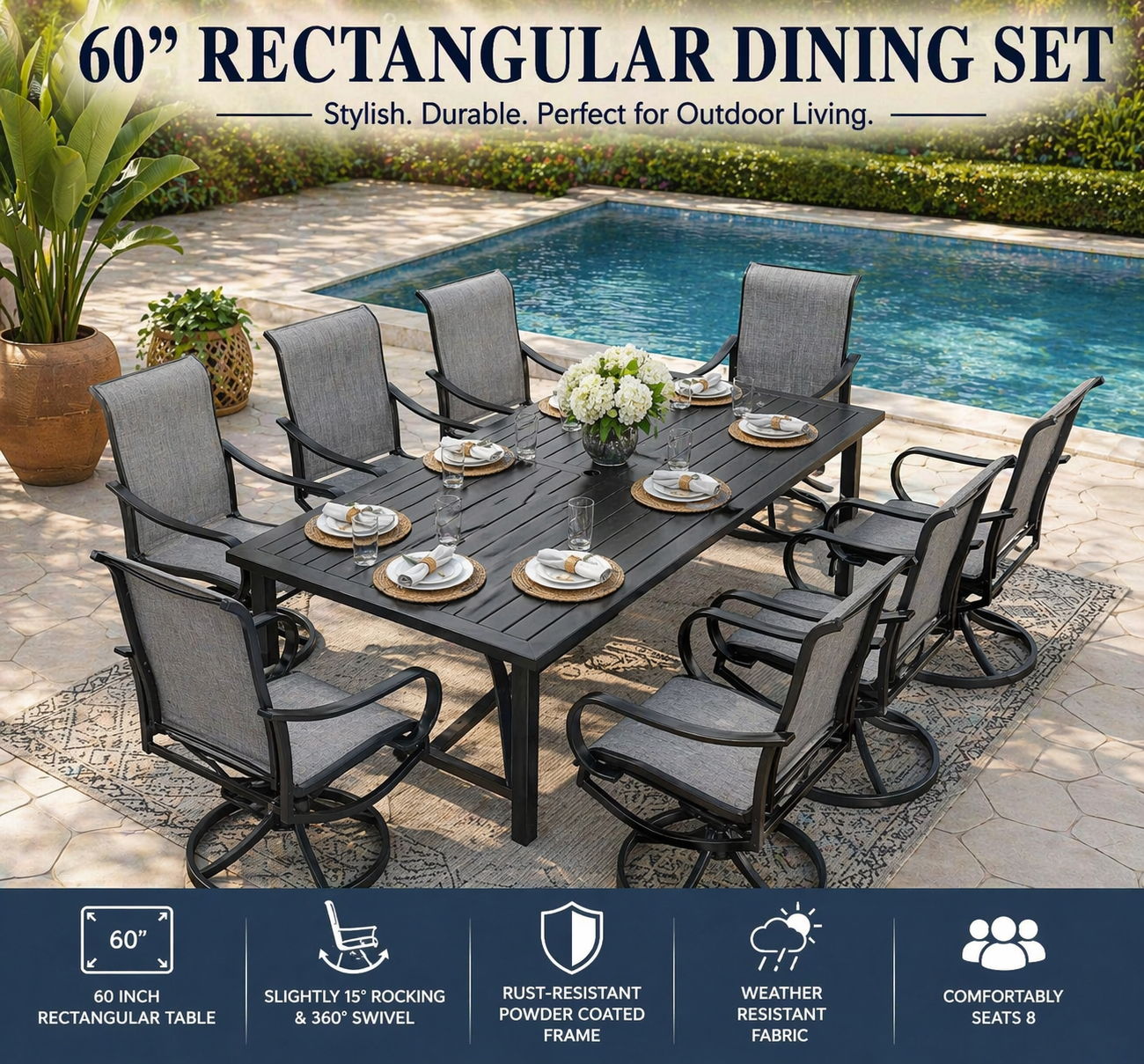 Sophia & William Outdoor Dining Set Patio Dining Set for 6 Outdoor Table and Chairs 7 Pieces Outdoor Patio Set with Swivel Patio Chairs 60"x 38" Metal Table for Garden Pool All Weather Brown