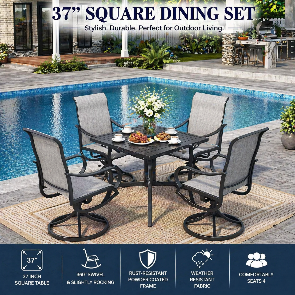 Sophia & William Outdoor Dining Set Patio Dining Set for 6 Outdoor Table and Chairs 7 Pieces Outdoor Patio Set with Swivel Patio Chairs 60"x 38" Metal Table for Garden Pool All Weather Brown