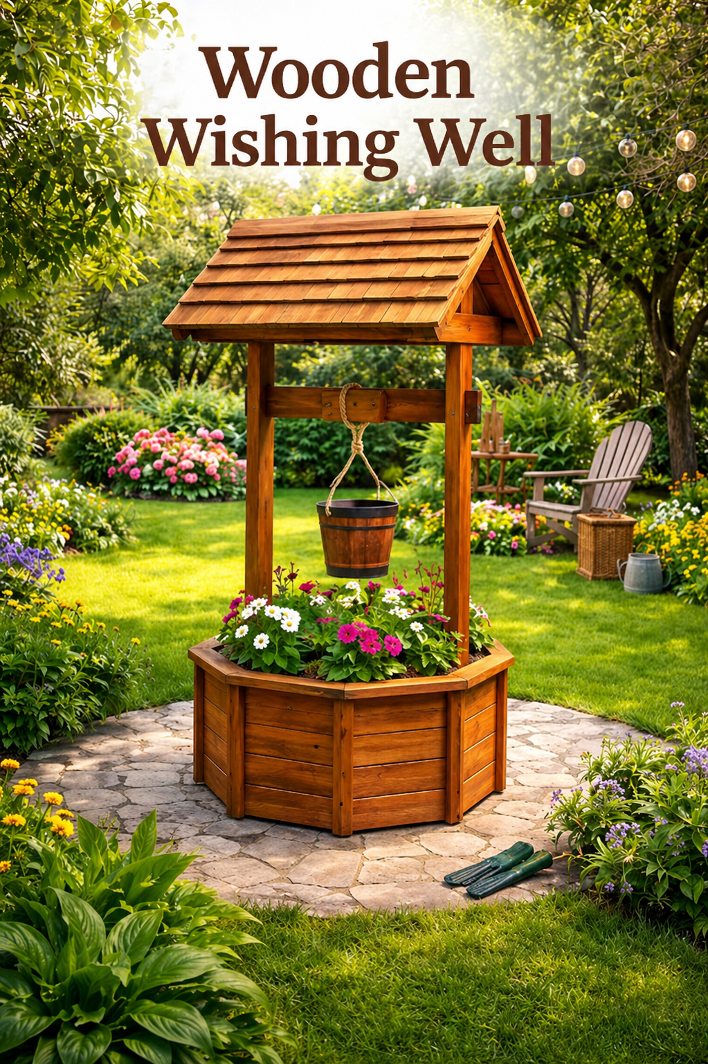Aoxun Wooden Wishing Well Planter with Hanging Bucket for Flower and Plants Indoor and Outdoor, Rustic Flower Planter Patio Garden Ornamental, Home Decor, Brown