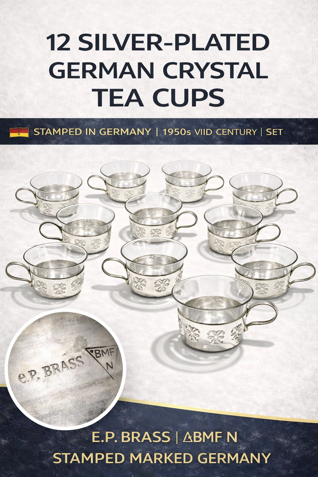 Set of 12 antique Crystal Silver-Plated German 1950s Tea Cups