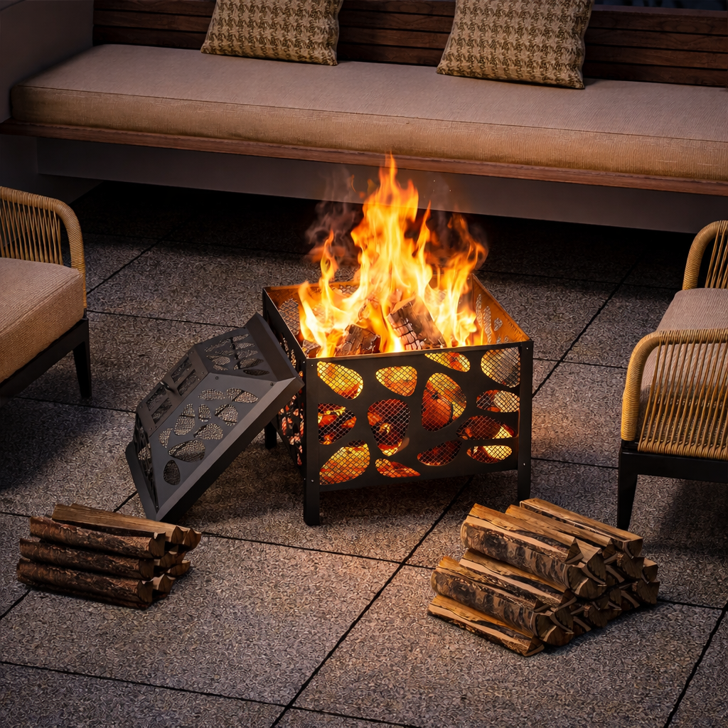 Outdoor Wood Burning Fire Pit, with Anti-Spark Mesh Guard, Small Bonfire Pit