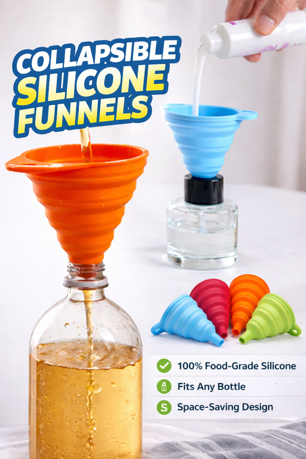 KongNai Kitchen Funnel Set 4 Pack, Small and Large, Kitchen Gadgets Accessories Foldable Silicone Collapsible Funnels for Filling Water Bottle Liquid Transfer Food Grade