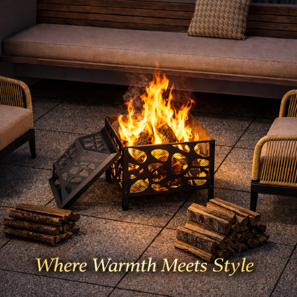 Outdoor Wood Burning Fire Pit, with Anti-Spark Mesh Guard, Small Bonfire Pit