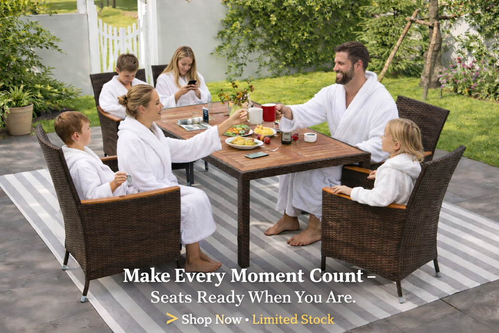 KOTEK 7 Piece Outdoor Dining Set, Wicker Patio Dining Set for 6 with Stackable Chairs & Acacia Wood Table