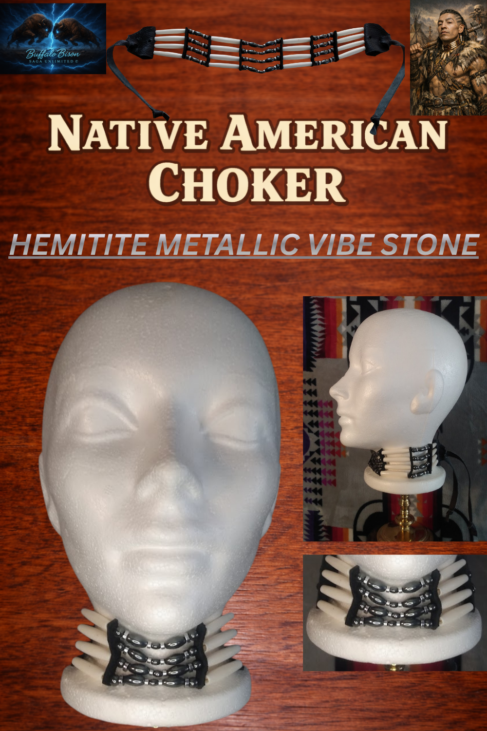 Native American Hand-Crafted Choker (Hematite Metallic Stone) Buffalo Pipe Bone
