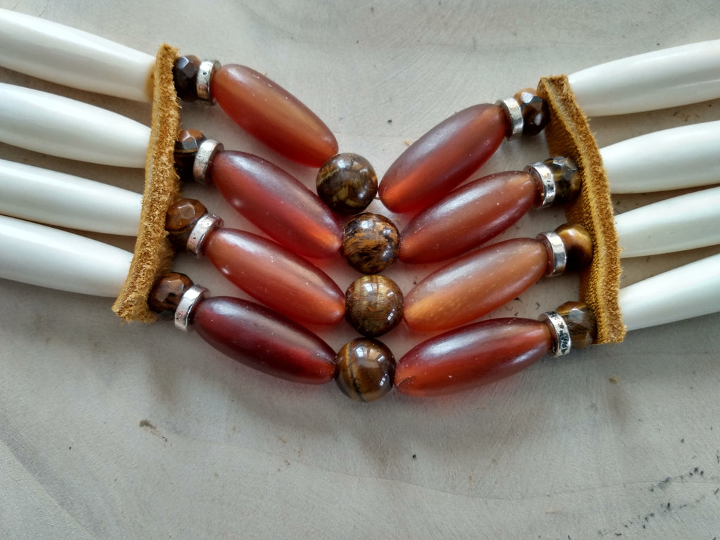 Native American Hand-Made Choker (Tiger Crystal) Buffalo Hair-Pipe Bones