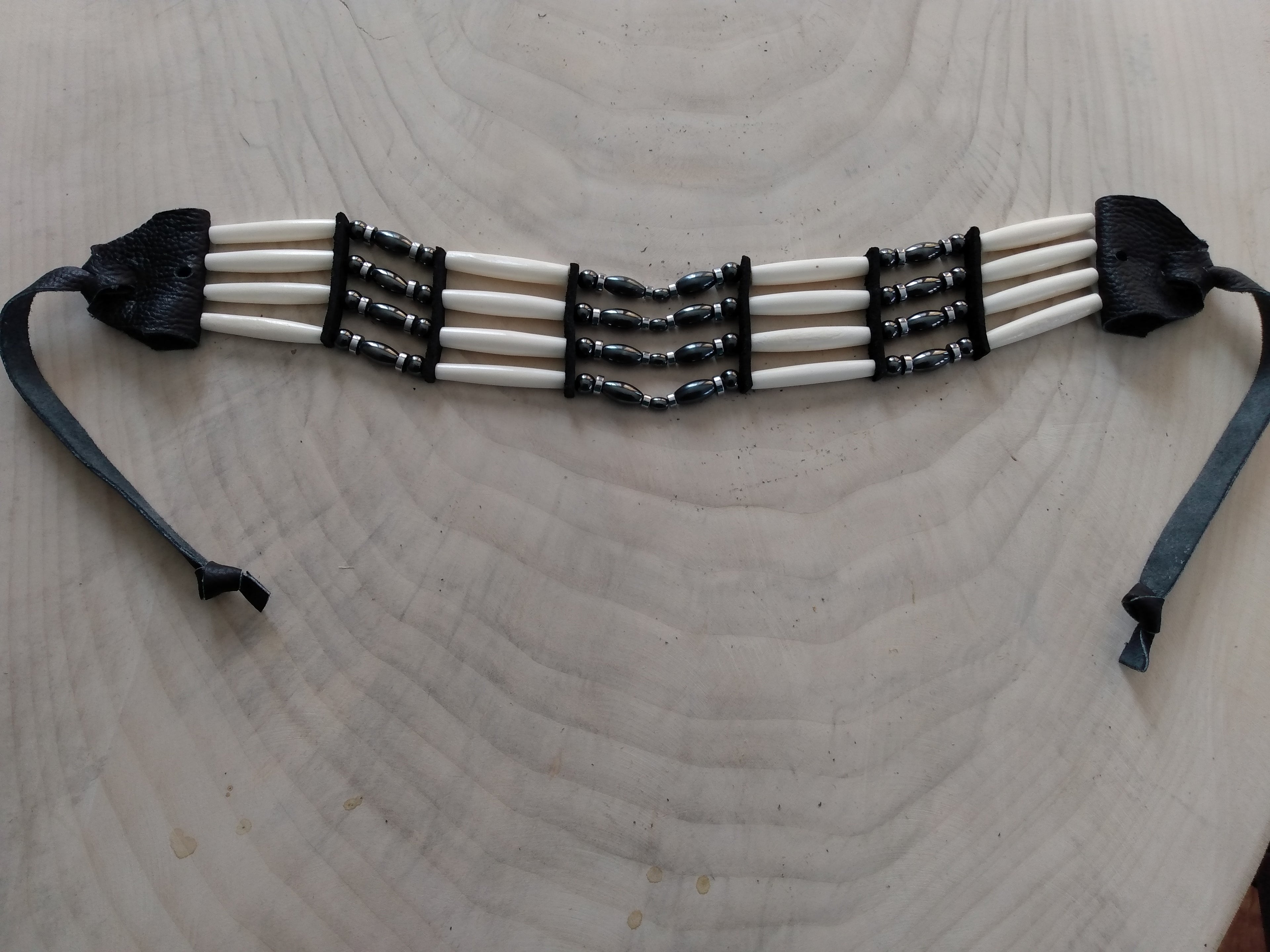 Native American Hand-Crafted Choker (Hematite Metallic Stone) Buffalo Pipe Bone