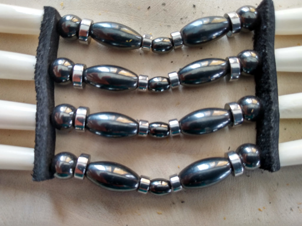 Native American Hand-Crafted Choker (Hematite Metallic Stone) Buffalo Pipe Bone