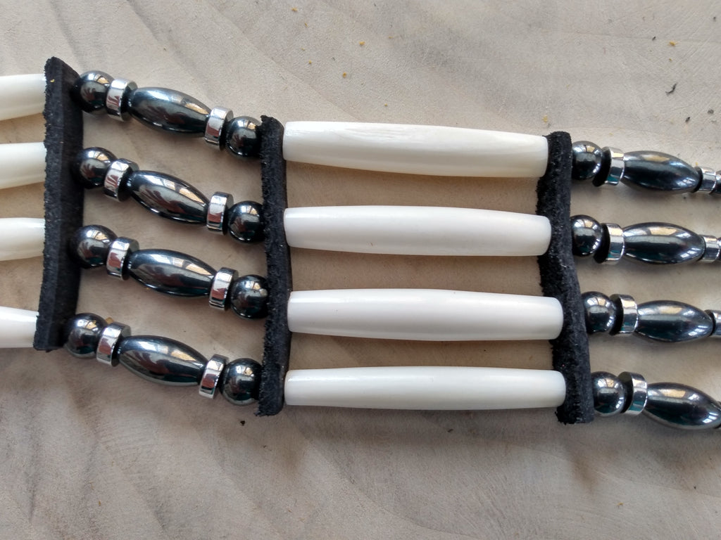 Native American Hand-Crafted Choker (Hematite Metallic Stone) Buffalo Pipe Bone
