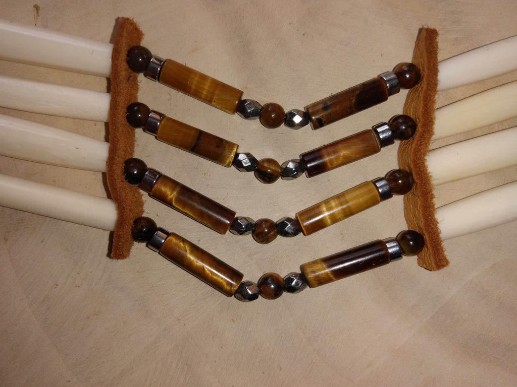 Native American Hand-Crafted Choker (Tiger Stone Crystal) Buffalo Hair-Pipe Bone