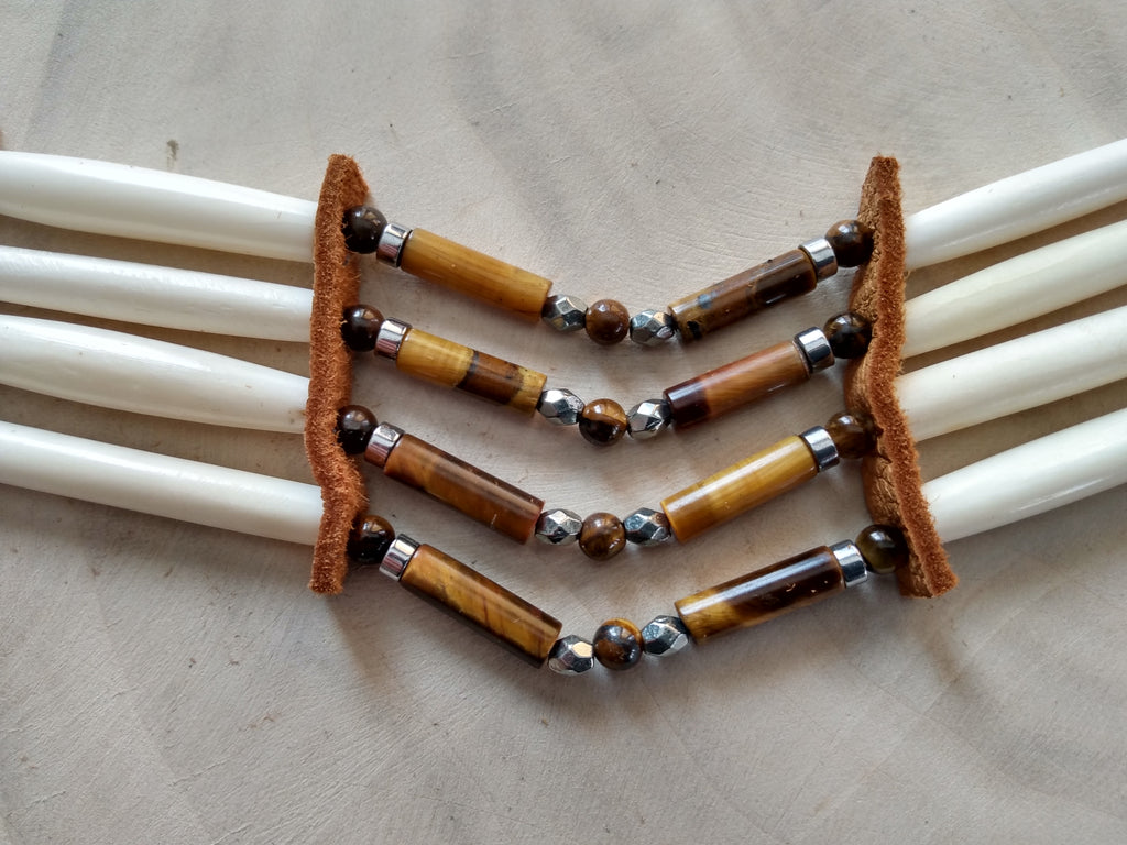 Native American Hand-Crafted Choker (Tiger Stone Crystal) Buffalo Hair-Pipe Bone