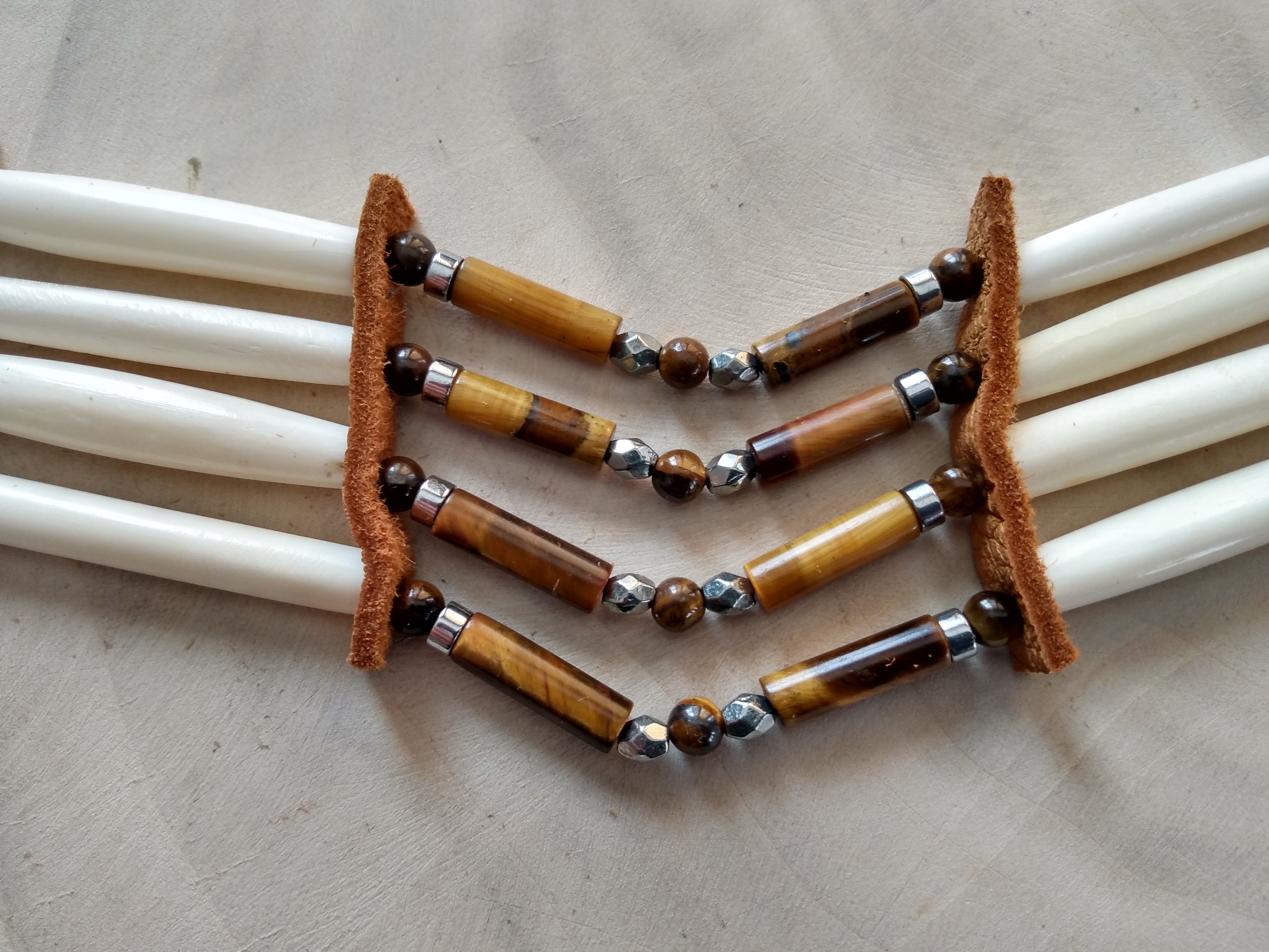 Native American Hand-Crafted Choker (Tiger Stone Crystal) Buffalo Hair-Pipe Bone
