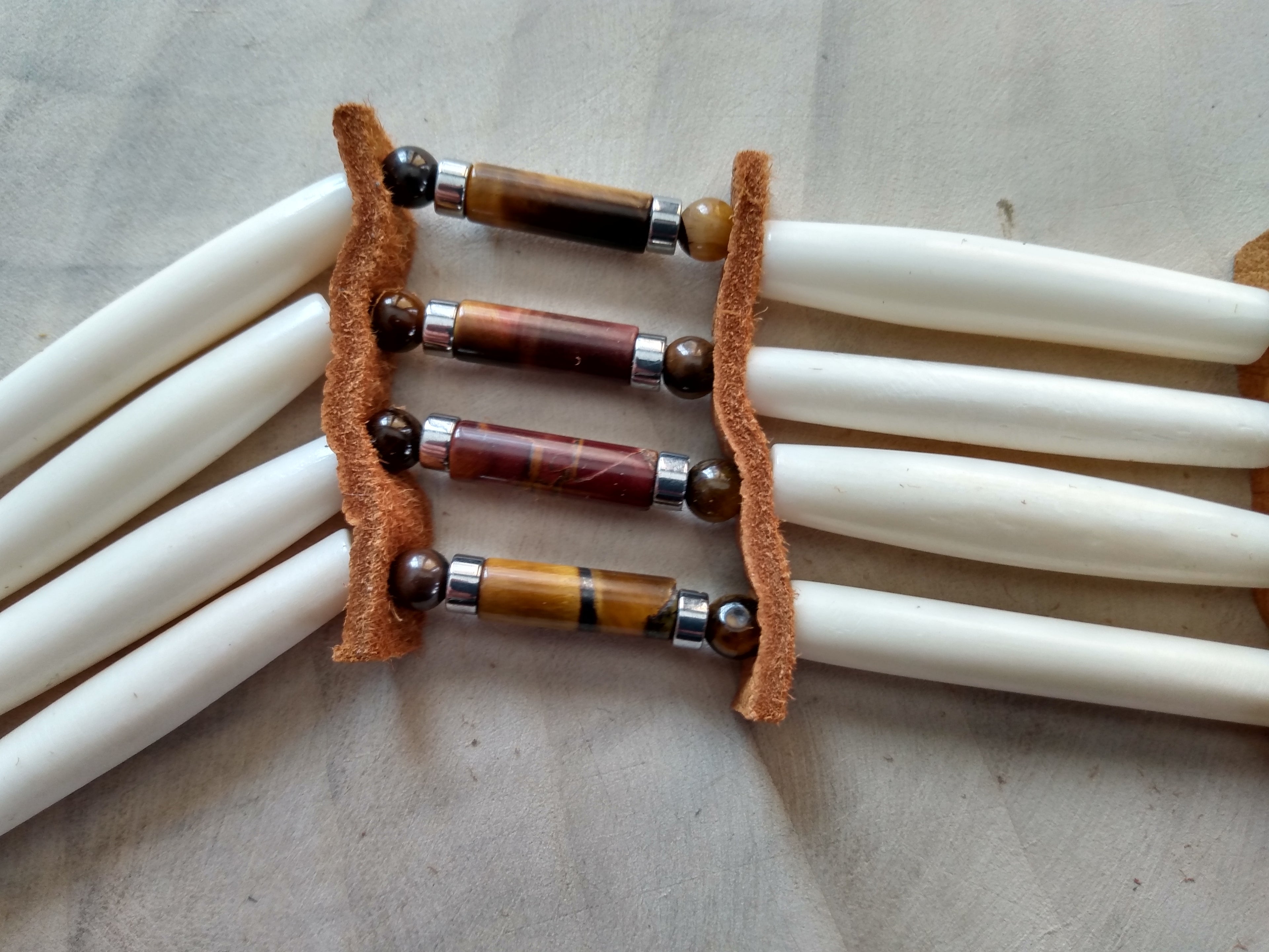 Native American Hand-Crafted Choker (Tiger Stone Crystal) Buffalo Hair-Pipe Bone
