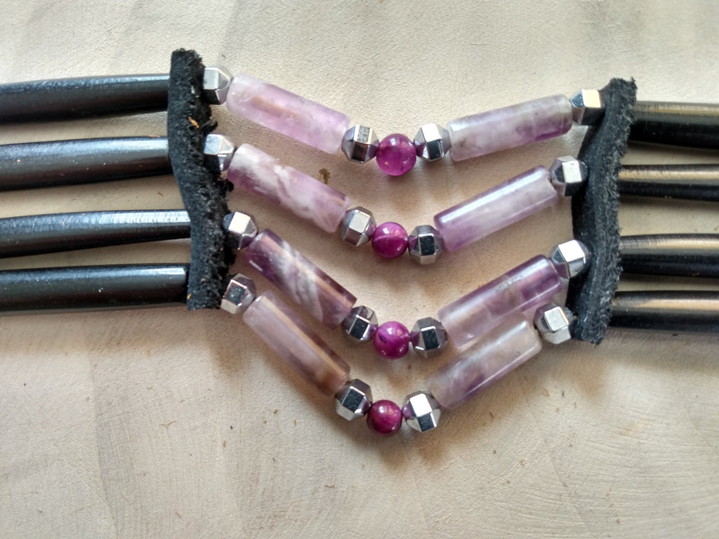 Native American Hand-Crafted Choker (Amethyst Crystal) Buffalo Hair Pipe Bone
