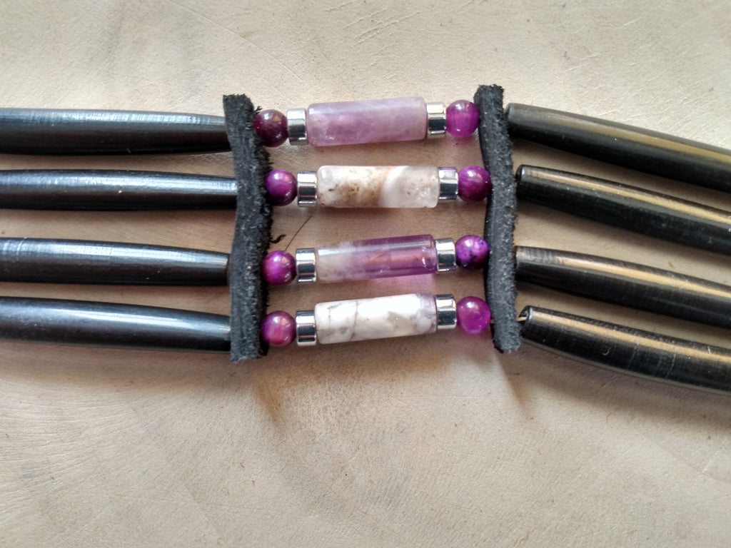 Native American Hand-Crafted Choker (Amethyst Crystal) Buffalo Hair Pipe Bone