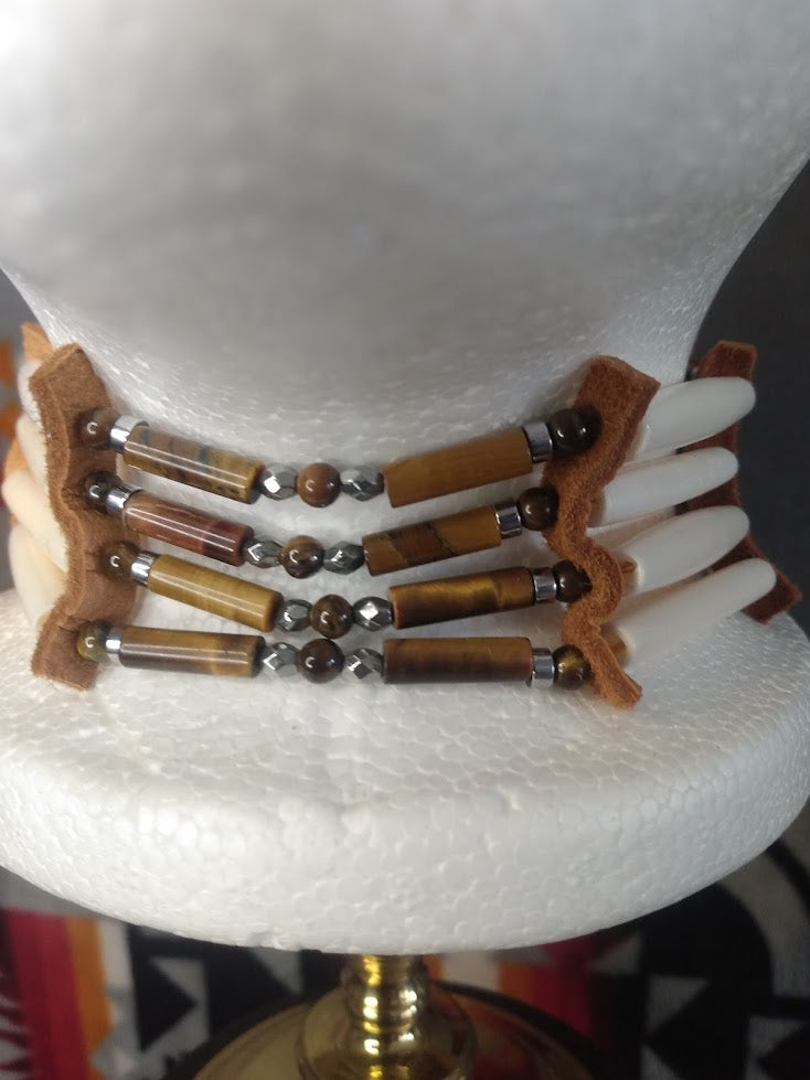 Native American Hand-Crafted Choker (Tiger Stone Crystal) Buffalo Hair-Pipe Bone