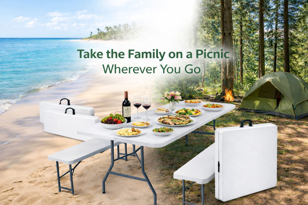 HLPB - Folding Table Picnic Table Set, 6 ft Camping Table with 2 Benches, Outdoor Indoor Portable Folding Furniture for Working Meeting Party, Camping, Picnic, Weddings w/Handle and Safety Locks, White