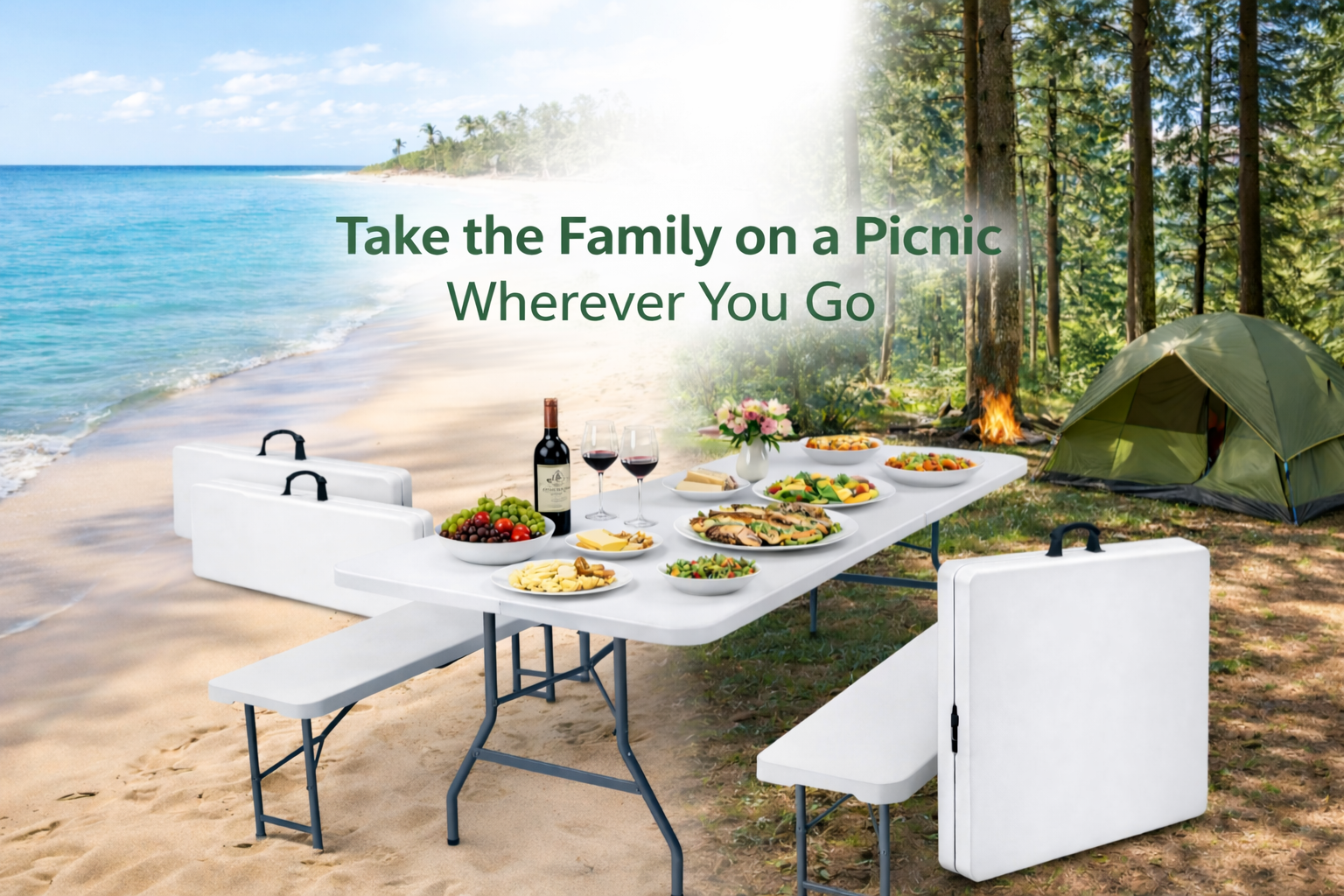 HLPB - Folding Table Picnic Table Set, 6 ft Camping Table with 2 Benches, Outdoor Indoor Portable Folding Furniture for Working Meeting Party, Camping, Picnic, Weddings w/Handle and Safety Locks, White