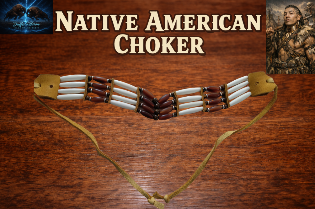 Native American Hand-Made Choker (Tiger Crystal) Buffalo Hair-Pipe Bones