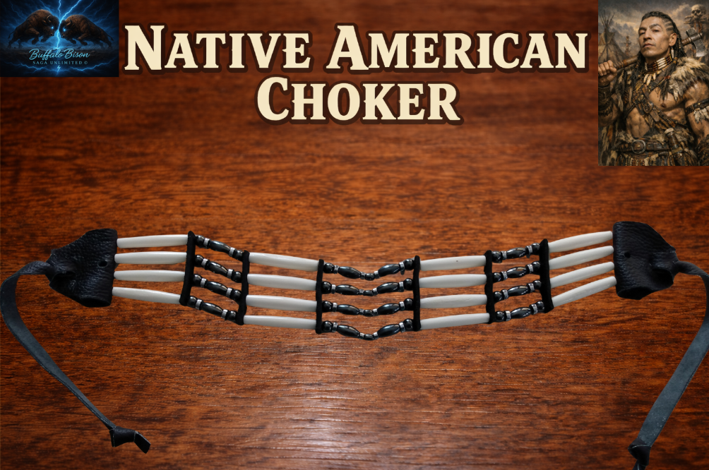 Native American Hand-Crafted Choker (Hematite Metallic Stone) Buffalo Pipe Bone