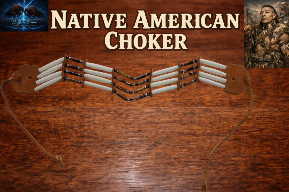 Native American Hand-Crafted Choker (Tiger Stone Crystal) Buffalo Hair-Pipe Bone